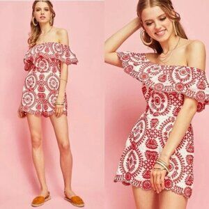 Entro Red Embroidered Off-Shoulder Romper size 4
